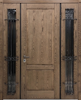 Входная группа с терморазрывом, остеклением по бокам с ковкой (отделка МДФ шпон) Входная группа с терморазрывом, остеклением по бокам с ковкой (отделка МДФ шпон)