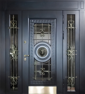 Входная группа «термо» с декором «лев» и отбойником (остекление + решетки) Входная группа «термо» с декором «лев» и отбойником (остекление + решетки)