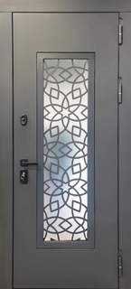 Входная остекленная термодверь с серым МДФ RAL и лазерной резкой